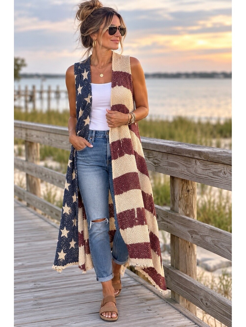 Hair Glove American Flag Duster Vest Womens Long Knit Stars Stripes Distressed